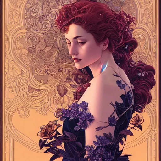 Prompt: a beautiful detailed front view portrait of a woman with ornate growing around, ornamentation, flowers, elegant, beautifully lit, artgerm, joshua middleton comic cover art,