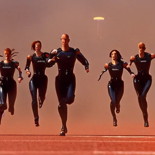 Image similar to The matrix, LeeLoo, Starship Troopers, Sprinters in a race with a clear winner, The Olympics footage, intense moment, cinematic stillframe, shot by Roger Deakins, The fifth element, vintage robotics, formula 1, starring Geena Davis, sports photography, clean lighting