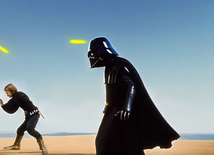 Prompt: film still of Darth Vader plays frisbee with Luke Skywalker in the new Star Wars movie, 4k