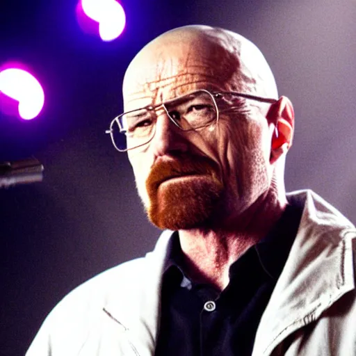 Image similar to Walter white singing at a death metal concert