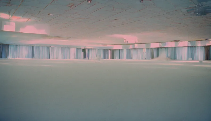 Image similar to 70s movie still of a ballroom with a very high ceiling, cinestill 800t Technicolor, heavy grain, high quality, criterion collection, liminal space style