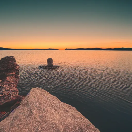 Image similar to cinematic wide shot of a lake with rope floating in the middle, a rocky foreground, sunset, a bundle of rope is in the center of the lake, eerie vibe, leica, 2 4 mm lens, 3 5 mm kodak film, f / 2 2, anamorphic