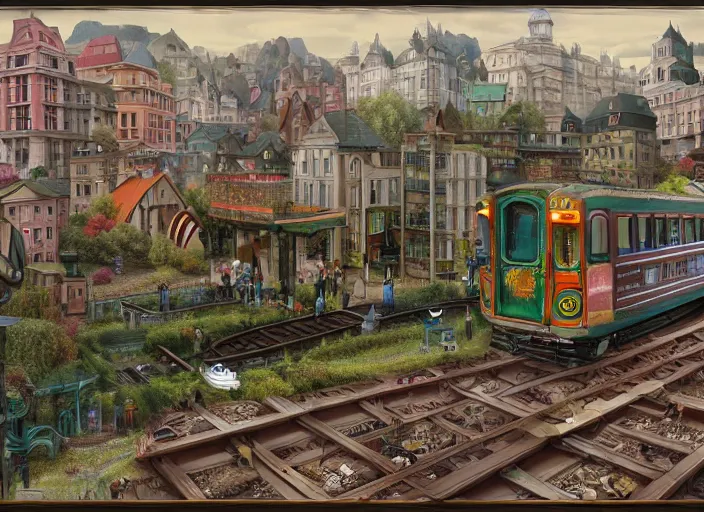 Prompt: 🛤🚞🧳👴🏼, lowbrow, matte painting, 3 - d highly detailed, in the style of mark ryden,