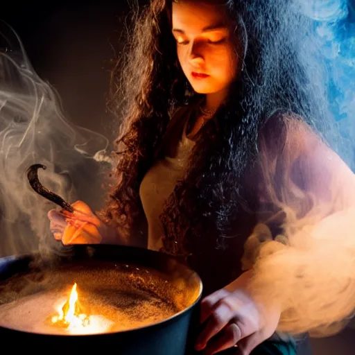 Image similar to teen witch mixing a spell in a cauldron, wispy smoke, studio lighting