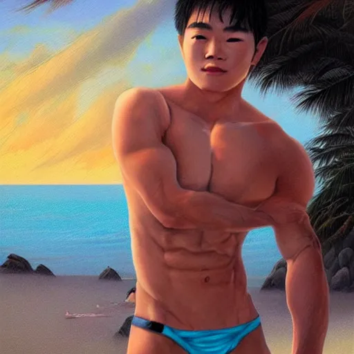 Prompt: extremely detailed and intricate portrait of a korean 2 0 year old bodybuilder in a thong on a beach, carribean white sand, carribean turquoise water, sun set, rule of thirds, lake, nature, mountains, artstationhd, artwork by artgerm, art style by kelly mckernan and brian froud and esao andrews and thomas kinkade