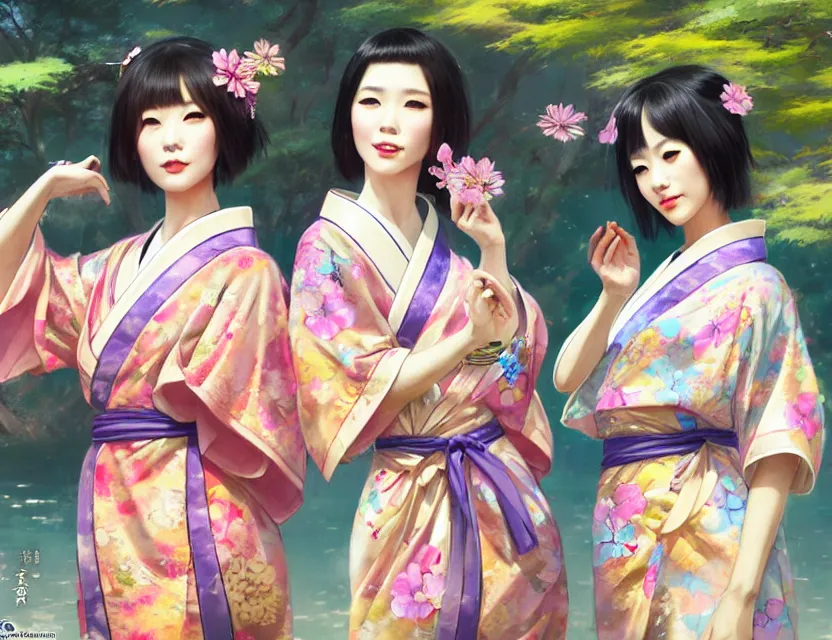 Image similar to two beautiful fashion taiwan girls wear fantasy yukata in festival | | big eyes, sunny, dreamlike art, realistic shaded, smile, good looking, fine details, 4 k realistic, cryengine, realistic shaded lighting poster by greg rutkowski, magali villeneuve, artgerm, jeremy lipkin and michael garmash and rob rey