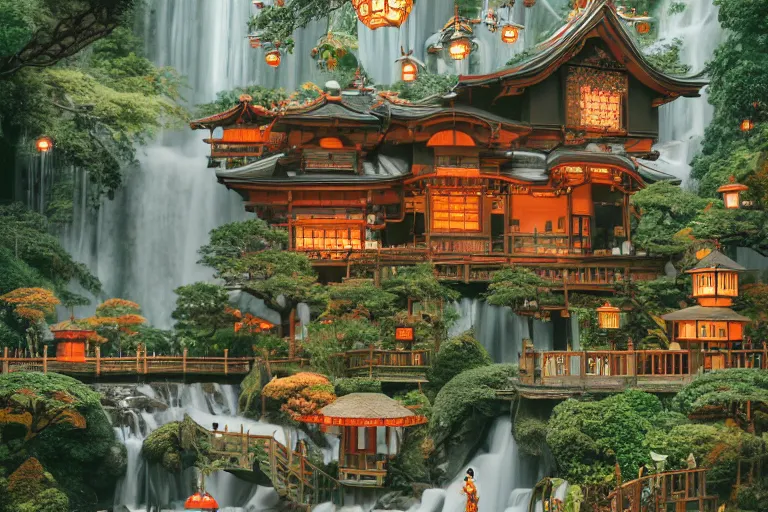 Prompt: A secret dreamy Japanese Victorian style cozy cabin cafe neighborhood city behind a waterfall with many glowing lanterns and ornate creative decorations by Gucci, lush plants and bonsai trees, fashionable people walking around, mossy rocks, bookshelves, floating koi fish, magical feeling vibes, hidden tiny houses, style by Wes Anderson and James Jean, trending on artstation