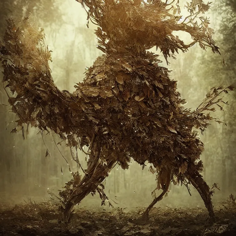 Prompt: lomography shot of a realistic cataphract fierce tree made of leaves, headdress, depth of field, dusty, dramatic light, dystopian environment, intricate, highly detailed, artstation, sharp focus, artgerm