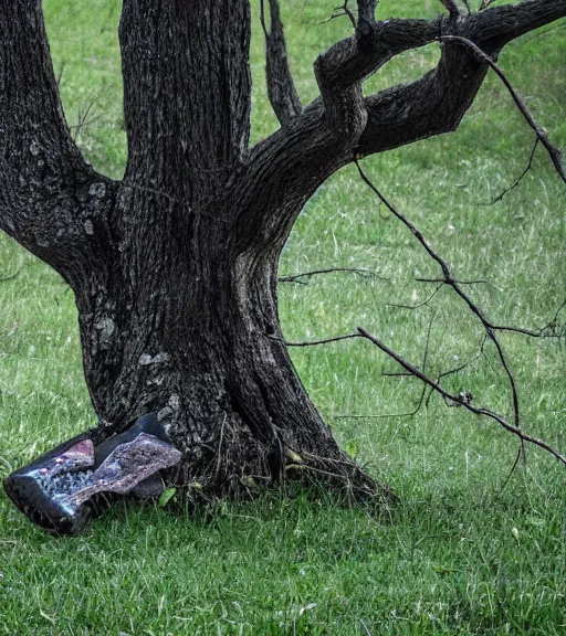 Prompt: sad tire hanging from a tree