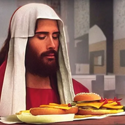 Image similar to jesus of nazareth eating at burger king