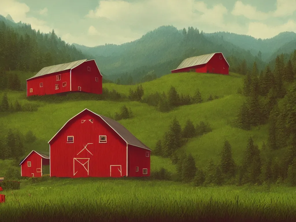 Image similar to An isolated red barn in a lush valley at noon. Simon Stalenhag, highly detailed.