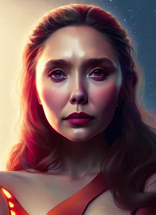 Image similar to portrait of modern darna, elizabeth olsen, intricate, elegant, glowing lights, highly detailed, digital painting, artstation, glamor pose, concept art, smooth, sharp focus, illustration, art by wlop, mars ravelo and greg rutkowski