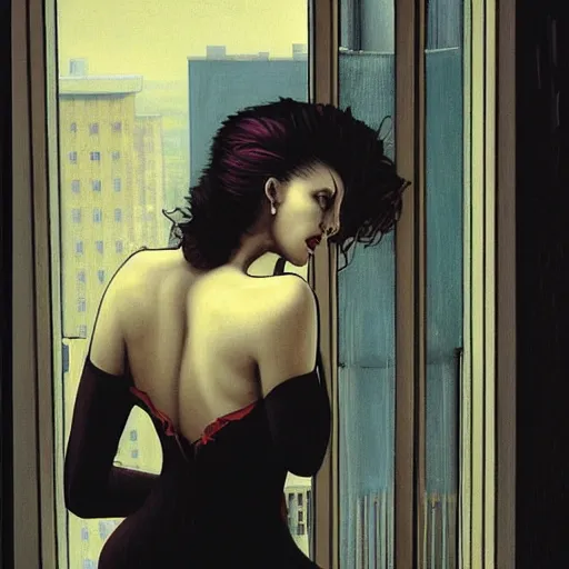 Prompt: modern urban vampire looking out her window from her apartment, by gerald brom