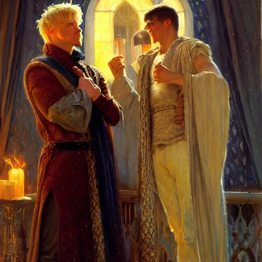 Image similar to attractive, arthur pendragon in love with attractive male, merlin the mage. highly detailed painting by gaston bussiere, craig mullins, j. c. leyendecker