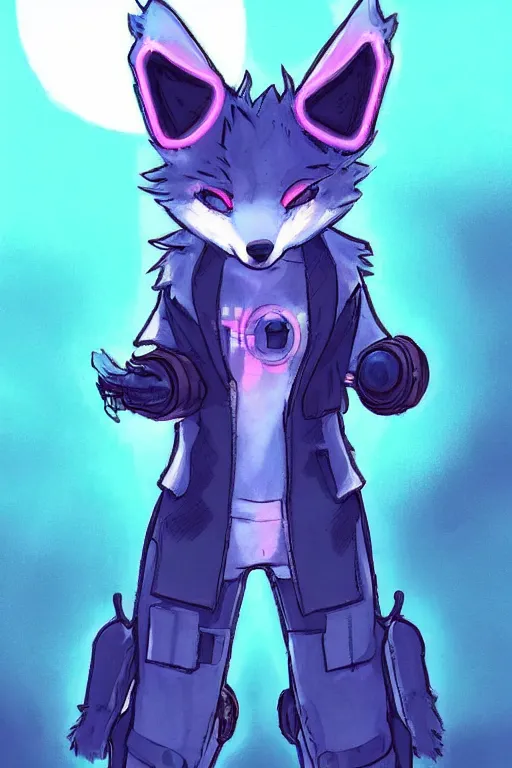 Image similar to a cyberpunk anthropomorphic fox with a fluffy tail, comic art, trending on furaffinity, cartoon, kawaii, backlighting, furry art!!!, neon