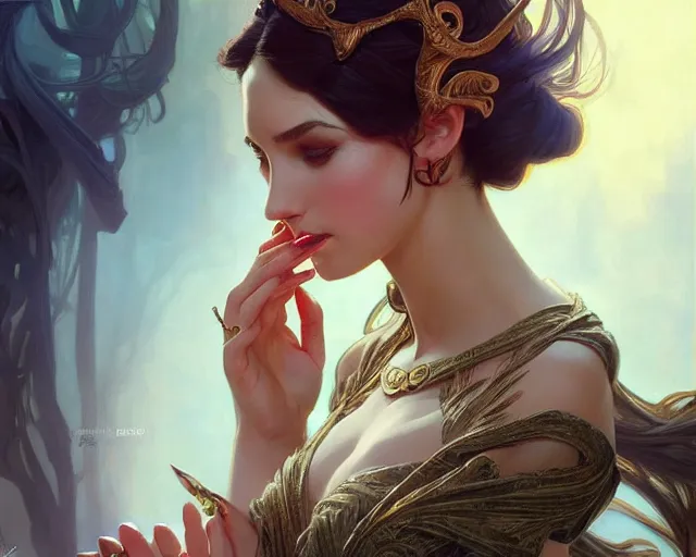 Image similar to nail manicure beautiful design, deep focus, d & d, fantasy, intricate, elegant, highly detailed, digital painting, artstation, concept art, matte, sharp focus, illustration, hearthstone, art by artgerm and greg rutkowski and alphonse mucha