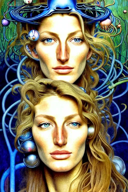 Image similar to realistic detailed face portrait painting of a beautiful gisele bundchen with blond hair with sci-fi headwear, futuristic sci-fi forest on background by Jean Delville, Amano, Yves Tanguy, Alphonse Mucha, Edward Robert Hughes, Roger Dean, moebius, hilma af klint, rich moody colours, blue eyes