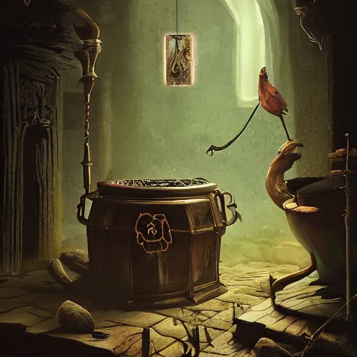 Image similar to a tarot card with interior witch's house with a cauldron smoking, one crow, fantasy art, in the style of greg rutkowski, illustration, epic, fantasy, cinematic, intricate, hyper detailed, artstation, concept art, smooth, sharp focus, ray tracing