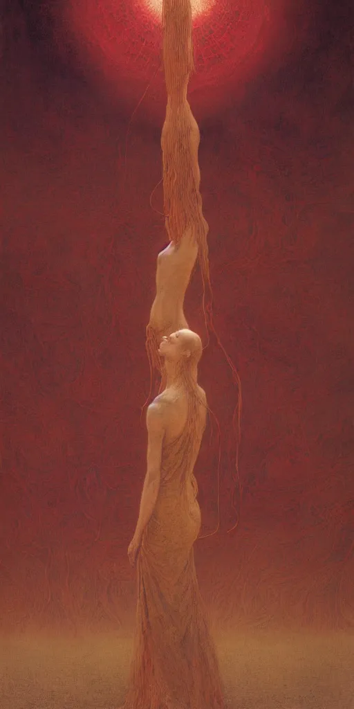 Image similar to Woman masterpiece, red, golden halo behind her head, by Edgar Maxence and Ross Tran, Zdzisław Beksiński, and Michael Whelan, distant, gustav dore, H.R. Giger, 8k, octane render