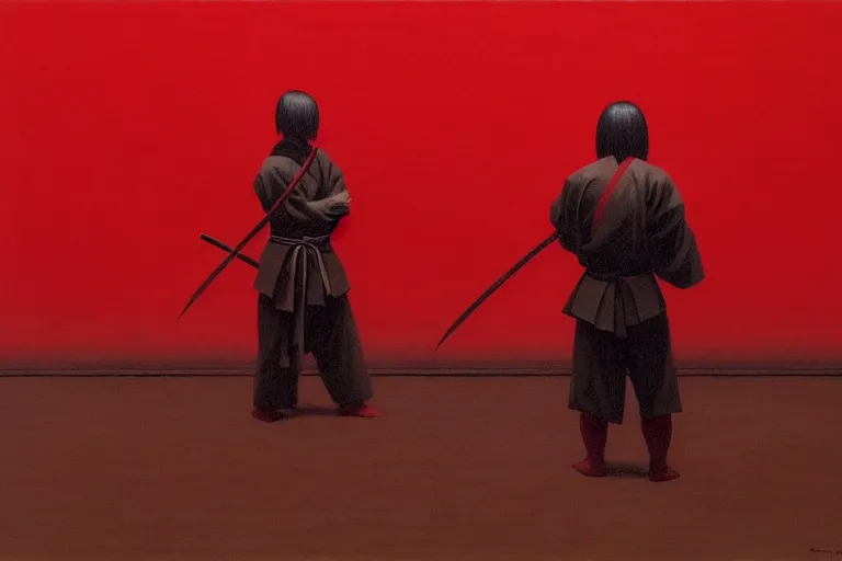 Image similar to only with red, a red samurai do seppuku, tokio, a lot of frogs watch, in the style of beksinski, parts by edward hopper, parts by rodcenko, parts by yue minjun, intricate and epic composition, red by caravaggio, insanely quality, highly detailed, masterpiece, red light, artstation, 4 k