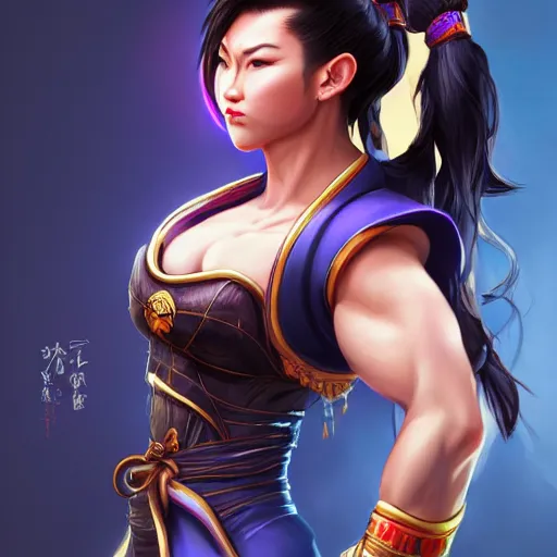 Image similar to Chun-Li ready to fight, full body shot, fantasy, medieval, beautiful face, vivid colors, elegant, concept art, sharp focus, digital art, Hyper-realistic, 4K, Unreal Engine, Highly Detailed, HD, Dramatic Lighting by Brom, trending on Artstation