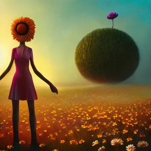 Image similar to giant daisy flower head, frontal, a girl in the suit, surreal photography, sunrise, dramatic light, impressionist painting, digital painting, artstation, simon stalenhag