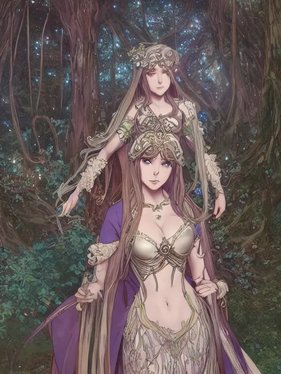 Image similar to anime key visual of amora the enchantress wearing a medieval gown!! intricate, magical forest, stunning, highly detailed, digital painting, artstation, smooth, hard focus, illustration, art by artgerm and greg rutkowski and alphonse mucha