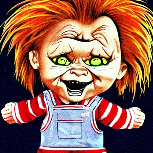 Prompt: cartoon drawing of chucky | horror themed | loony toons style