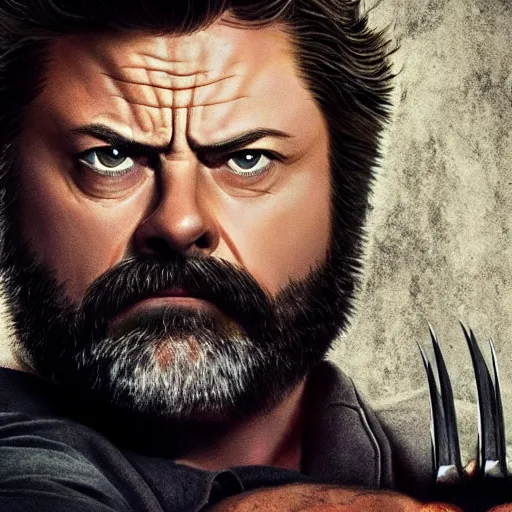 Image similar to logan pictured as nick offerman in wolverine x - men suit, imdb, marvel movie still, detailed 8 k, poster style, deviantart and artstation top picks