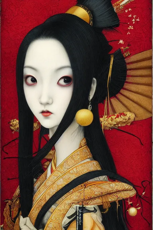 Prompt: watercolor painting of a japanese bjd geisha vampire with a long neck by tom bagshaw, amy sol, mark ryden in the style of thoth tarot card, dark - fantasy, vintage shoujo, red, gold, black