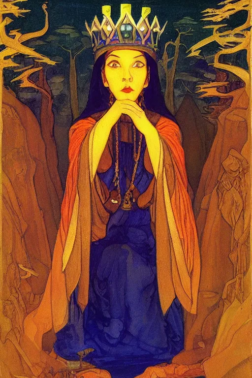 Image similar to lady of the forest with her crown and lantern, by Nicholas Roerich and Annie Swynnerton and Frederick Sandys, dramatic cinematic lighting , ornate headdress , flowing robes, sacred artifacts, lost civilizations, smooth, sharp focus, extremely detailed