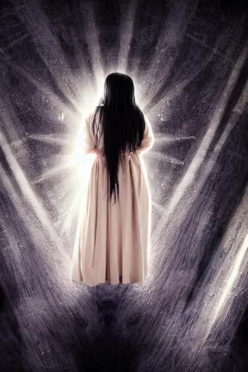 Image similar to a young girl with long black hair and chequered!! robe!! is watching a storm inside a symmetrical fantasy crystal. atmospheric, 4 k, highly detailed. surrounded by golden rays of light