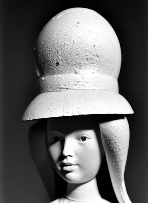 Image similar to realistic photo of a a medieval wooden barbie girl doll sculpture dressed white spherical hat helmet made of plastic, black brushwood, greyscale grain 1 9 6 0, life magazine photo, natural colors, metropolitan museum, kodak