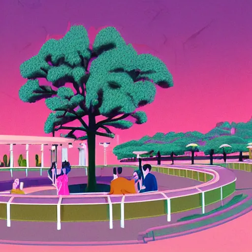 Prompt: art deco vaporwave illustration of a park with trees, benches, and a couple people playing mahjong, with a futuristic pink pastel city in the background