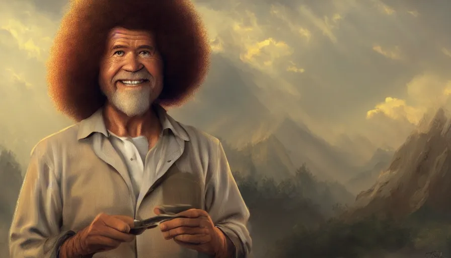 Image similar to Bob Ross is an angel, hyperdetailed, artstation, cgsociety, 8k