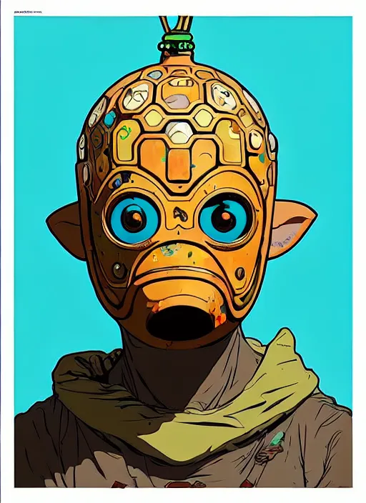 Image similar to biopunk goron mask link from zelda!! portrait illustration, pop art, splash painting, art by geof darrow, ashley wood, alphonse mucha, makoto shinkai