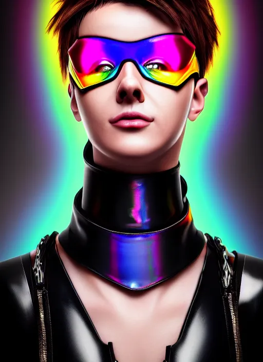 Image similar to hyperrealistic style portrait of tracer overwatch, confident pose, wearing black iridescent rainbow latex, rainbow, neon, 4 k, expressive happy smug expression, makeup, in style of mark arian, wearing detailed black leather collar, wearing sleek armor, black leather harness, expressive detailed face and eyes,