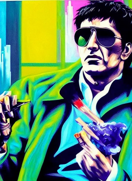 Image similar to ' acrylic painting of tony montana in a style of cyberpunk delivery club, in salvia divinorum, photorealistic glamour necro science'