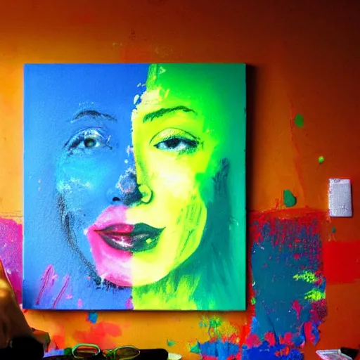 Image similar to a painting of a woman's face created by throwing colourful paint at a wall