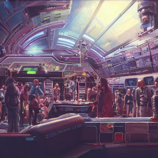 Image similar to highly detailed crowded used future casino, robots humans and extraterrestrials, on a crowded space station, jim henson creature shop, 1 9 8 0 s science fiction, 1 9 7 0 s science fiction, alien 1 9 7 9, cyberpunk, 3 d oil painting, depth perception, 4 k, artstation