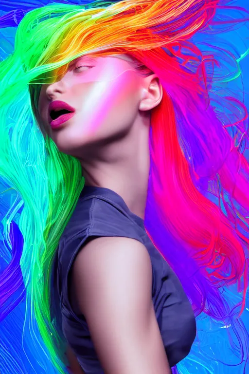 Image similar to a award winning half body portrait of a beautiful woman with stunning eyes in a croptop and cargo pants with rainbow colored ombre hairstyle head in motion and hair flying by thomas danthony, surrounded by whirling illuminated liquids and lines, outrun, vaporware, shaded flat illustration, digital art, trending on artstation, highly detailed, fine detail, intricate