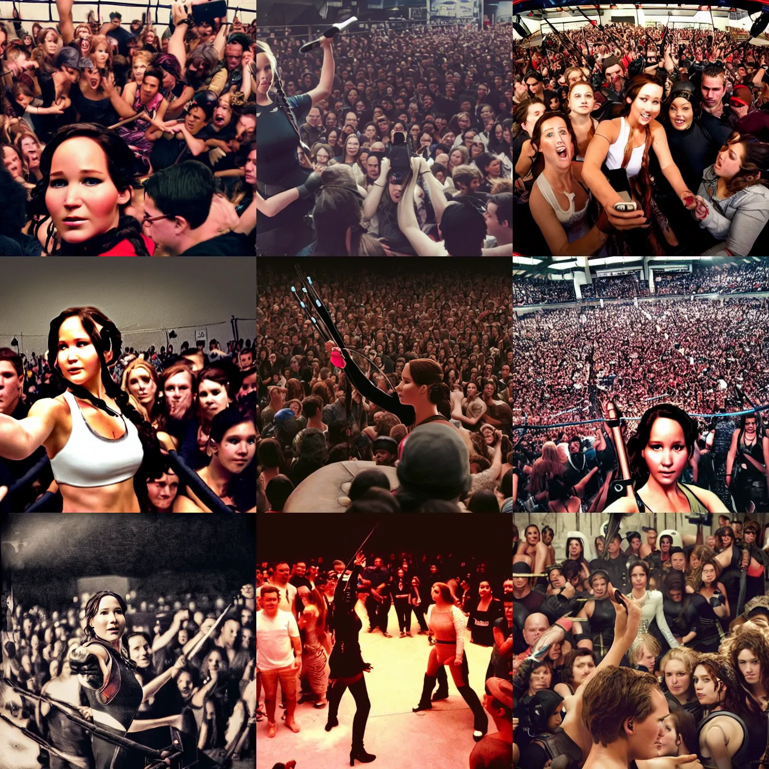 Prompt: Selfie of Katniss Everdeen in a wrestling ring, surrounded by a crowd, photography by Annie Leibovitz