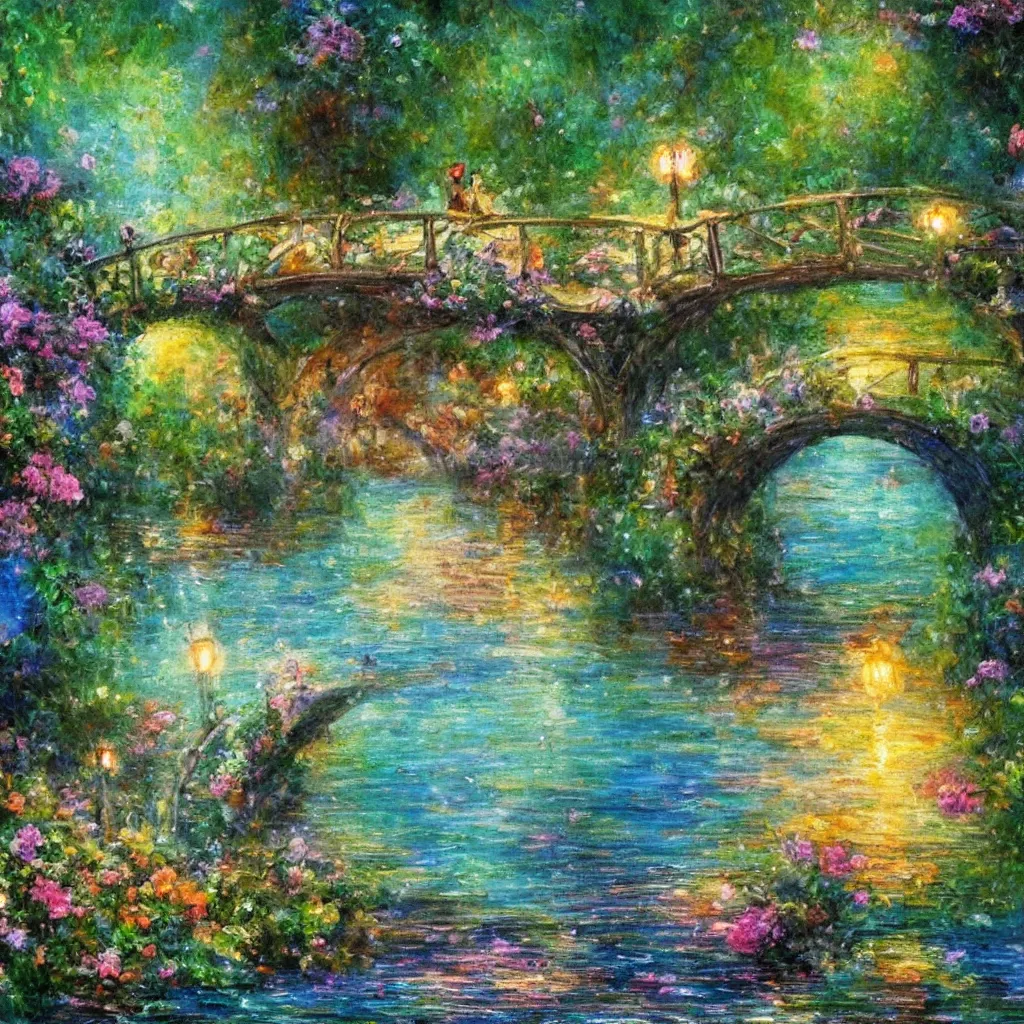 Prompt: fairyland bridge, outside of time and space, dreamy, romantic, expressive impressionist style, highly detailed, 8 k