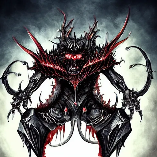 Image similar to a dark matter schizophrenia sphare limbo digital art angry demon in iron armor and dragon bones with diamonds sits on the black throne of death and looks with red eyes into the darkness against the background of a bright red sun