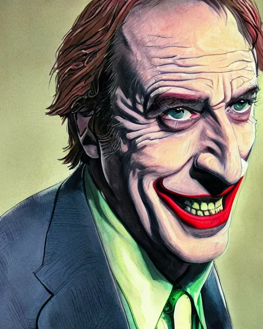 Prompt: portrait of saul goodman as the joker, concert photography, art by makoto shinkai and peter elson, bernie wrightson