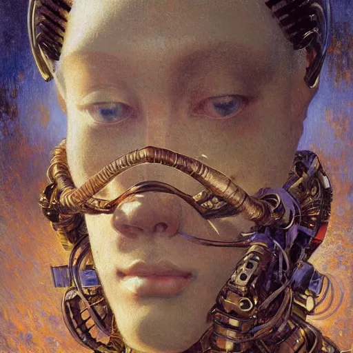 Image similar to highly detailed portrait of an humanoid robotic dmt mecha, painting by gaston bussiere, craig mullins, j. c. leyendecker, lights, art by ernst haeckel, john william godward, hammershøi, alex grey