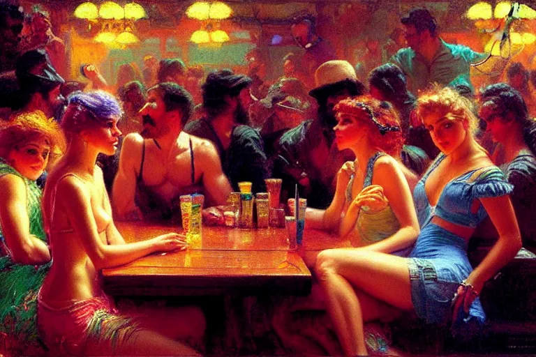 Prompt: 8 0's spring break party, neon light, painting by gaston bussiere, craig mullins, j. c. leyendecker