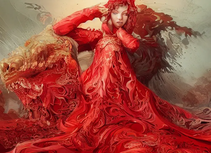 Image similar to woman in love sit upon a scarlet coloured beast, pain, royal dress, light effect, hyper detailed, intricate, elegant, highly detailed, digital painting, artstation, concept art, matte, sharp focus, illustration, by james jean, andrei riabovitchev, marc simonetti, yoshitaka amano