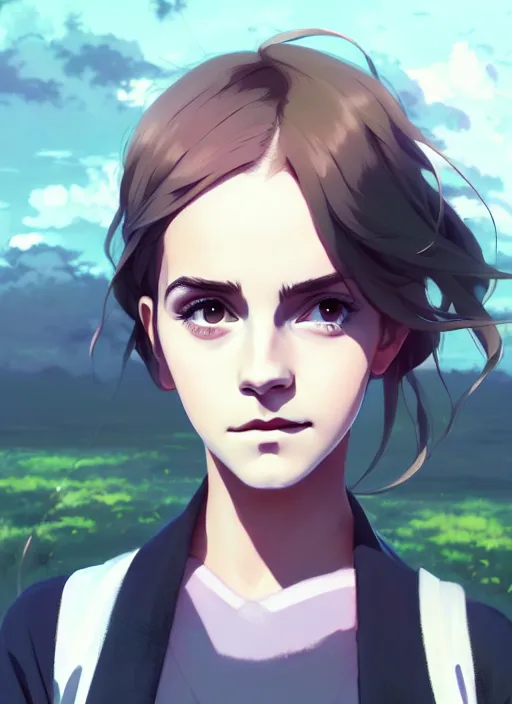 Image similar to portrait of emma watson, cloudy sky background lush landscape illustration concept art anime key visual trending pixiv fanbox by wlop and greg rutkowski and makoto shinkai and studio ghibli