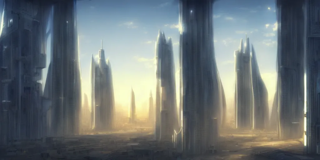 Prompt: futuristic highrise buildings in the soft evening light, a detailed matte painting from the anime film, official art, cinematic view, HD wallpaper